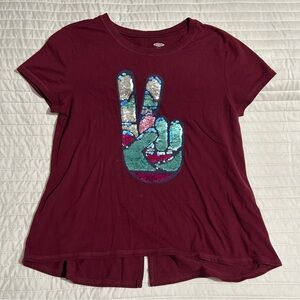 Old Navy Rainbow Sequin Peace Sign Hand TShirt Girls Size XL Burgundy Tee